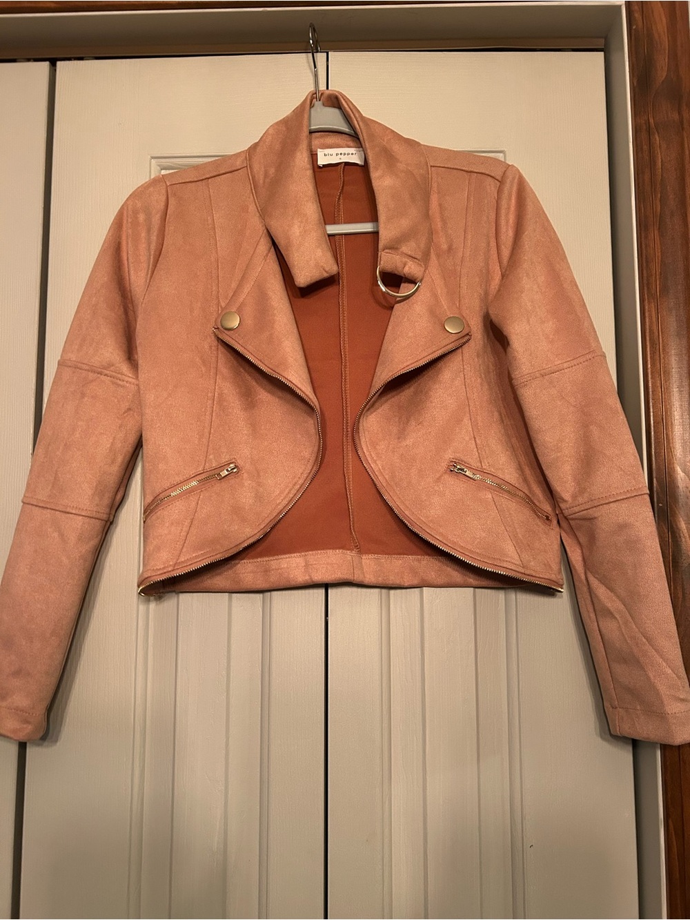 Blu Pepper Cropped Faux Suede Moto Jacket - Blush Pink